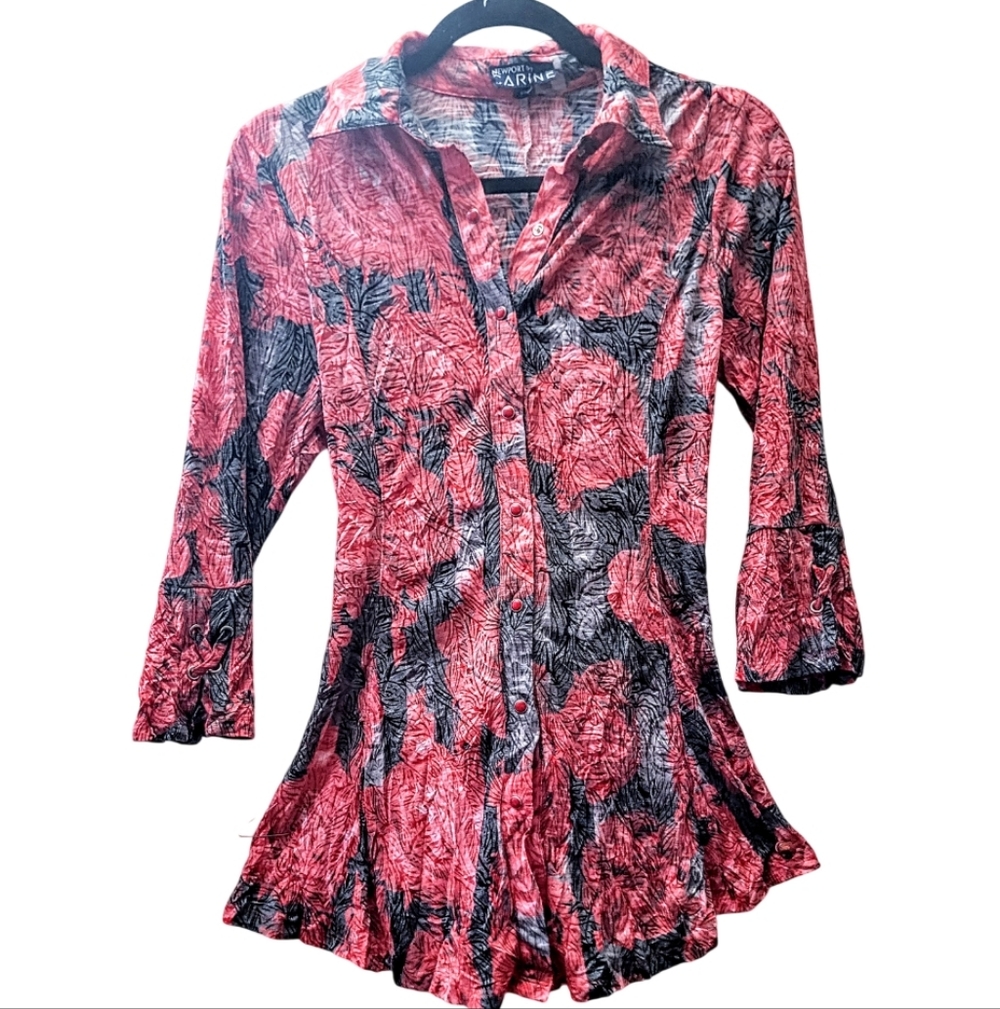 Women's Red and Black Floral Button Down Shirt